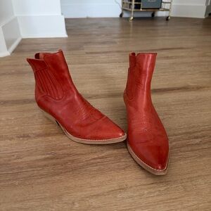 Women's Red Leather Ankle Booties - Pointed Toe Chelsea Style